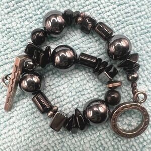 Magnetic Hematite Bracelet Onyx Toggle Clasp Geometric Shapes‎ 6.25" Silver Tone